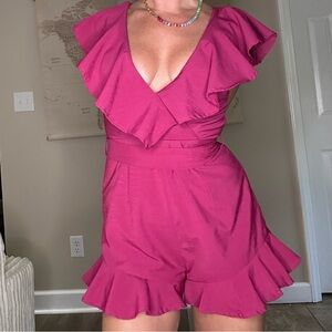 Hot pink ruffle playsuit with a matching belt date night romper girly sexy